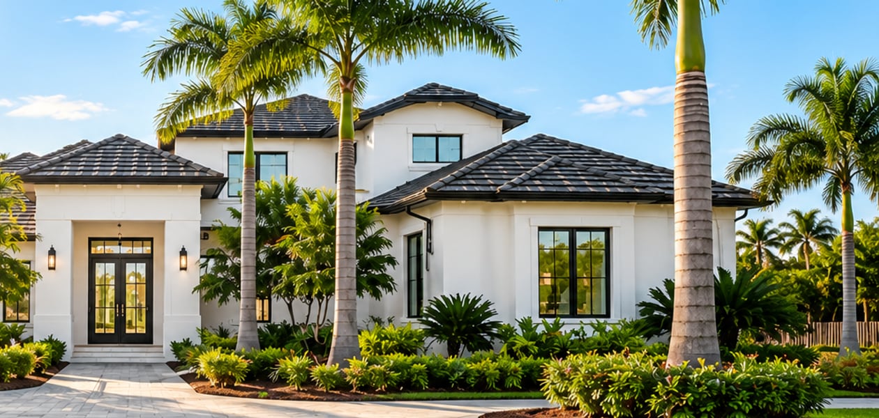 A Southwest Florida home photographed in daylight, palms framing the front elevation